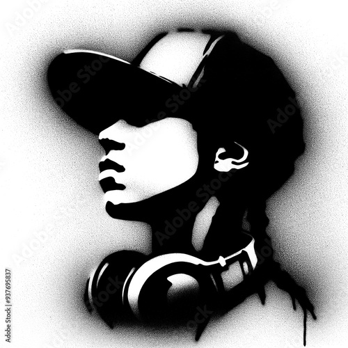 hip-hop girl graffiti stencil-art style,black and white, generative ai