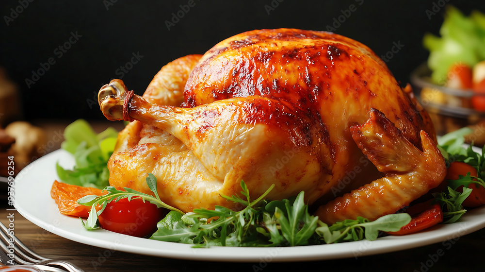 mouthwatering golden-brown roasted chicken, perfectly nestled on a bed of fresh greens and vegetables mouthwatering golden-brown roasted chicken, perfectly nestled on a bed of fresh greens and vegetables