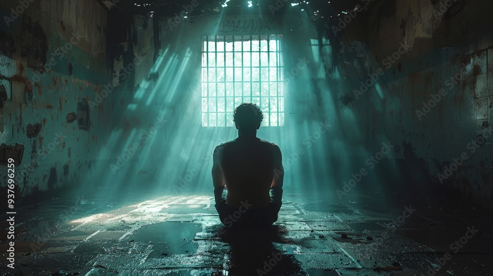 A solitary figure sits in a dimly lit room, illuminated by haunting light beams pouring through a barred window. Generative AI A solitary figure sits in a dimly lit room, illuminated by haunting light beams pouring through a barred window. Generative AI