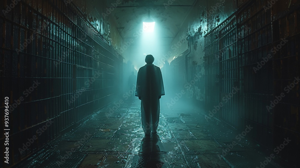 A solitary figure in a dark, misty prison corridor illuminated by a single beam of light at dawn. Generative AI A solitary figure in a dark, misty prison corridor illuminated by a single beam of light at dawn. Generative AI