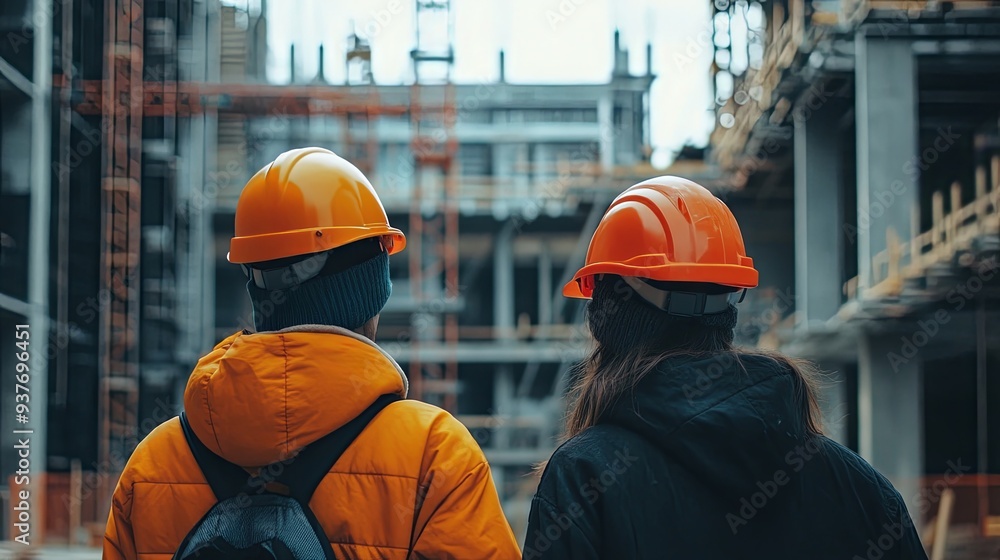 A view from behind of two individuals wearing safety helmets at a construction site A view from behind of two individuals wearing safety helmets at a construction site