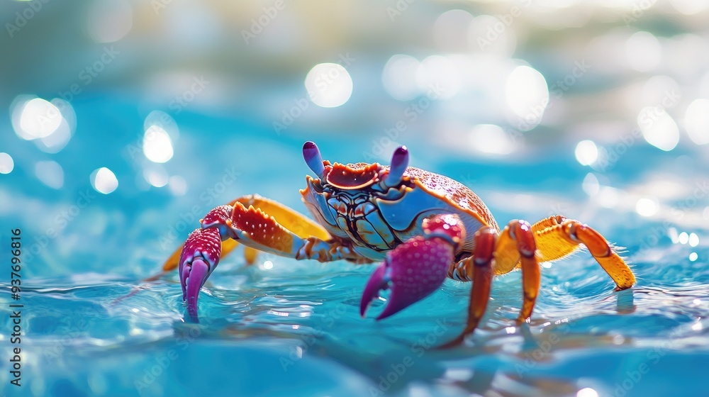 Colorful crab gracefully moving in clear blue water, vibrant shell and claws set against a light sea backdrop Colorful crab gracefully moving in clear blue water, vibrant shell and claws set against a light sea backdrop
