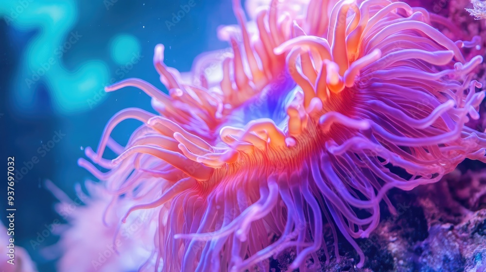 Colorful sea anemone gracefully swaying in clear blue water, vibrant tentacles against a light sea backdrop Colorful sea anemone gracefully swaying in clear blue water, vibrant tentacles against a light sea backdrop