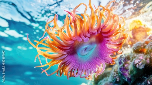 Colorful sea anemone gracefully swaying in clear blue water, vibrant tentacles against a light sea backdrop