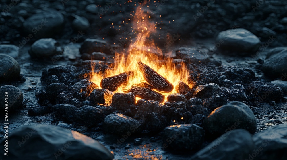 A mesmerizing bonfire enclosed by lovely stones, set against an isolated background A mesmerizing bonfire enclosed by lovely stones, set against an isolated background