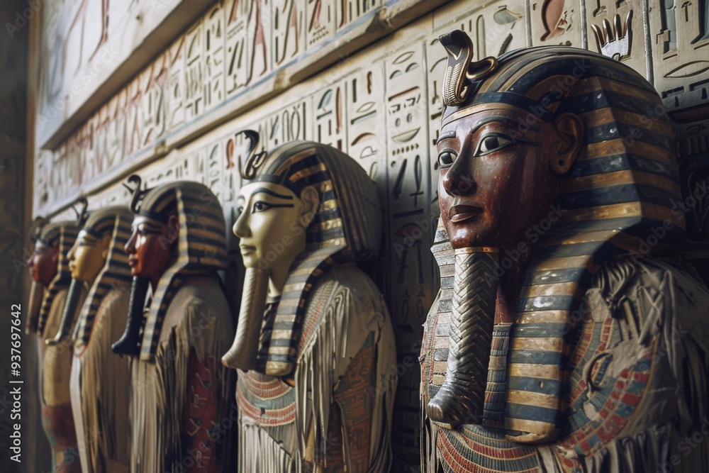 Naklejka premium Row of ancient Egyptian statues with intricate headdresses and hieroglyphics, evoking a sense of mystery and historical grandeur.