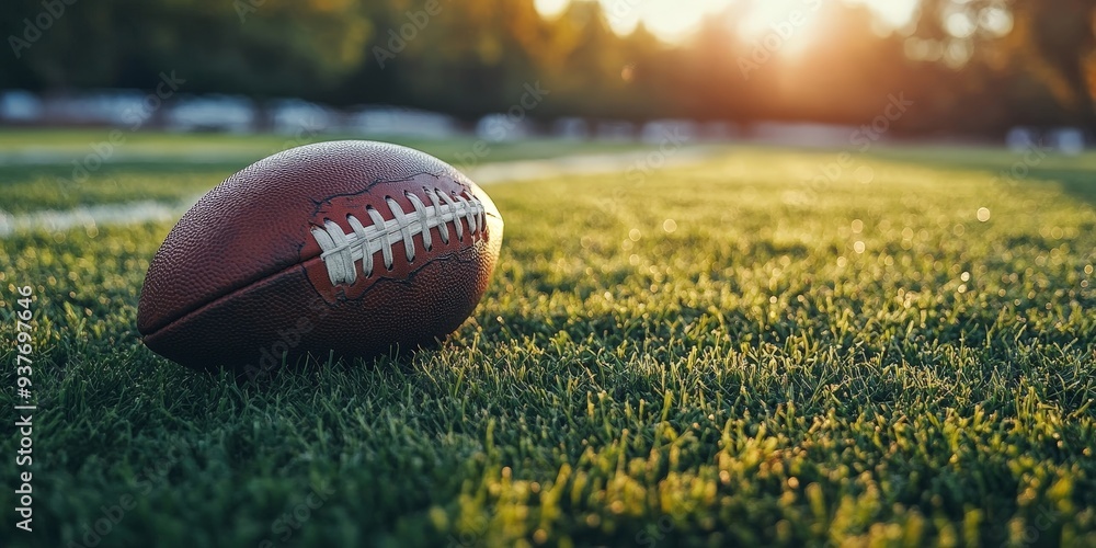 Football resting on field under bright sunlight Football resting on field under bright sunlight