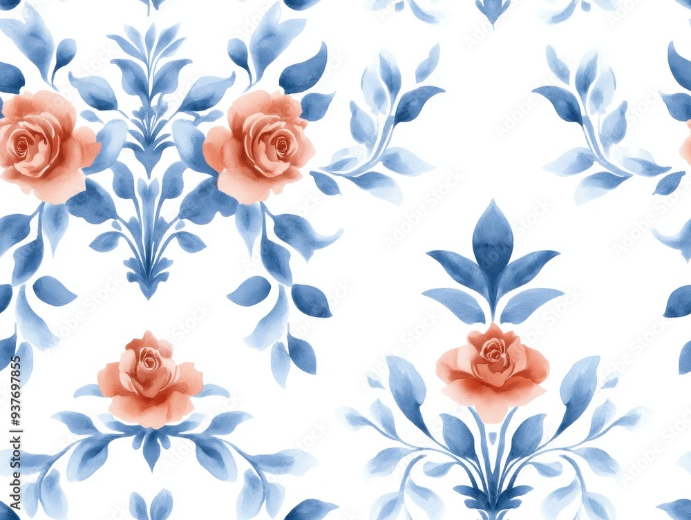 damask pattern featuring intricate floral motifs, seamlessly flowing in a Watercolor style damask pattern featuring intricate floral motifs, seamlessly flowing in a Watercolor style