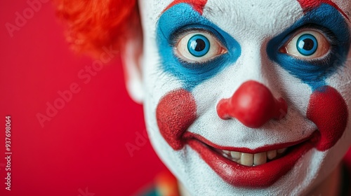 A close-up portrait of a clown against an isolated background