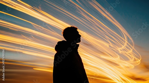 Transparent silhouette of a person facing rising light streaks, symbolizing momentum and upward movement from the horizon