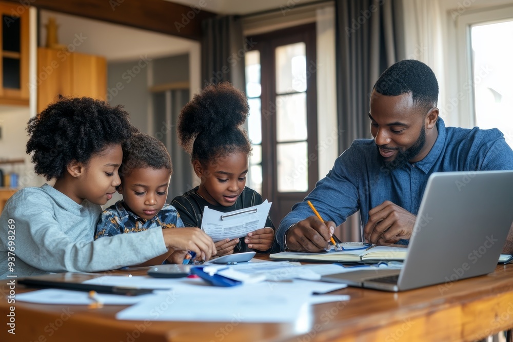Father helping his three children with homework at the dining table Father helping his three children with homework at the dining table