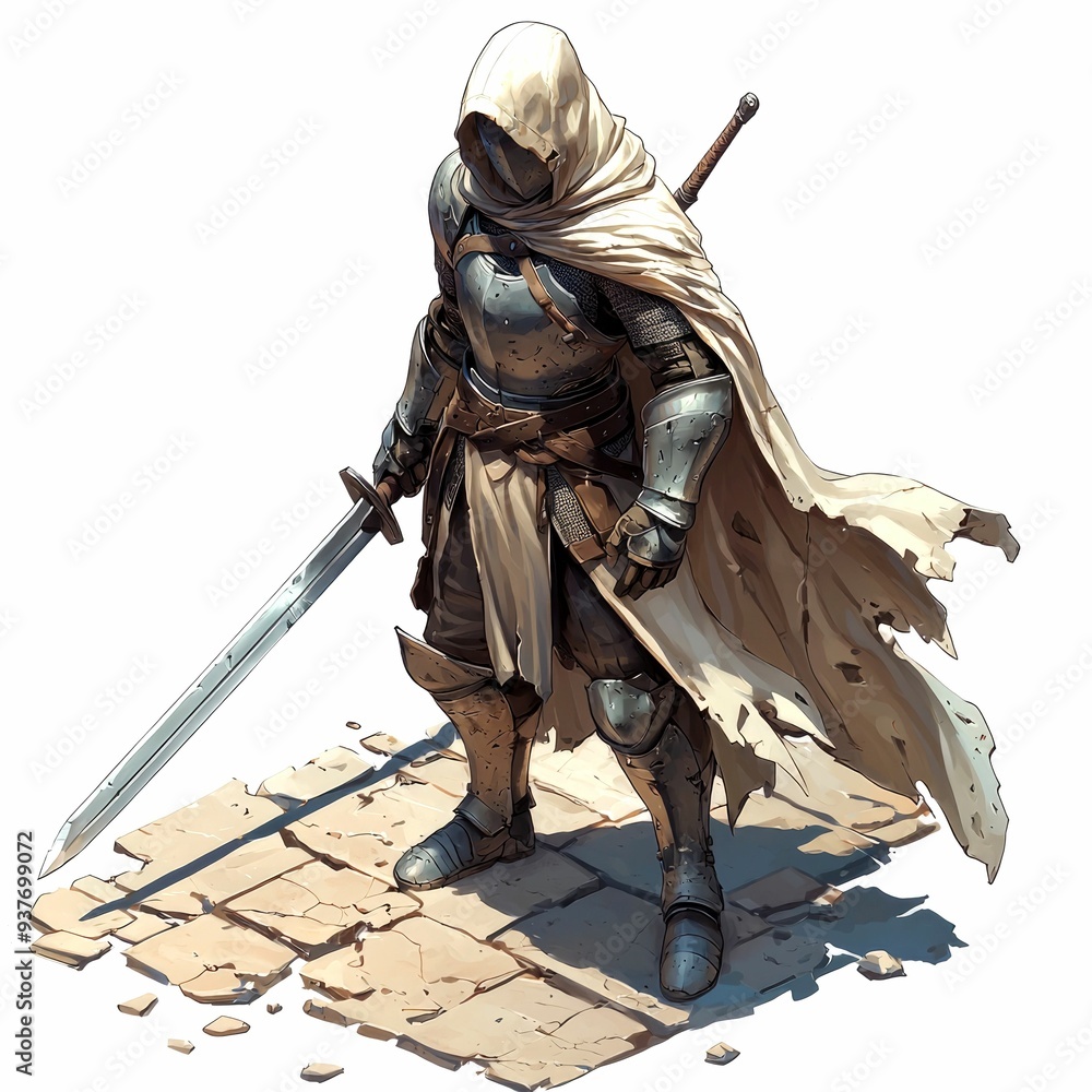 Hooded Knight Standing with Sword on Cracked Stone Ground Hooded Knight Standing with Sword on Cracked Stone Ground
