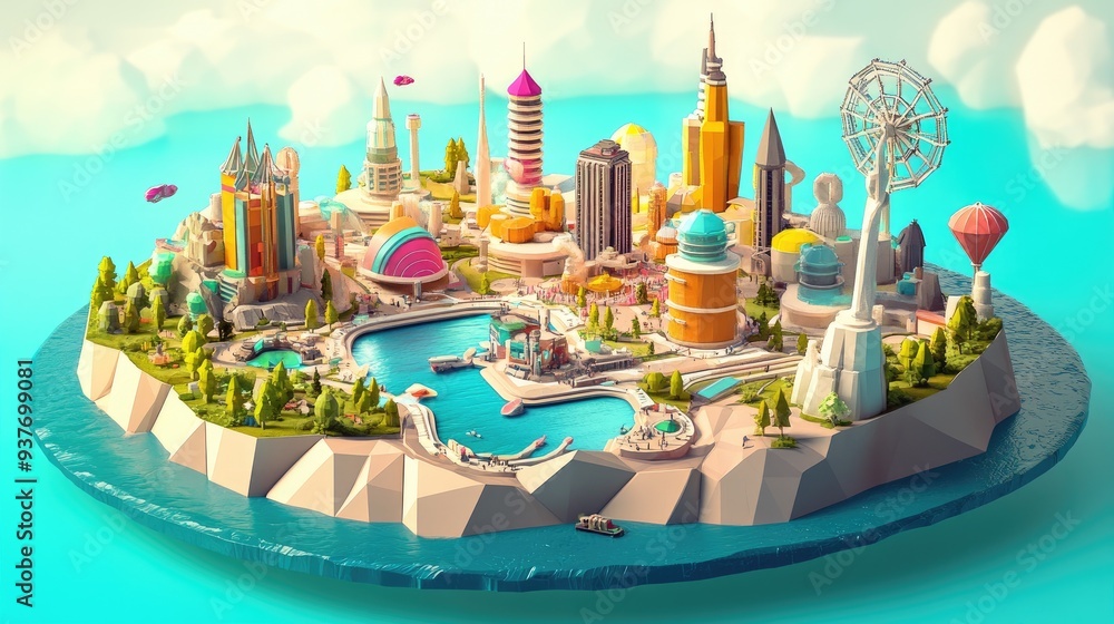 Vibrant 3D isometric low poly island with a futuristic city, detailed and colorful, perfect for crafting design backgrounds, 3D rendering Vibrant 3D isometric low poly island with a futuristic city, detailed and colorful, perfect for crafting design backgrounds, 3D rendering