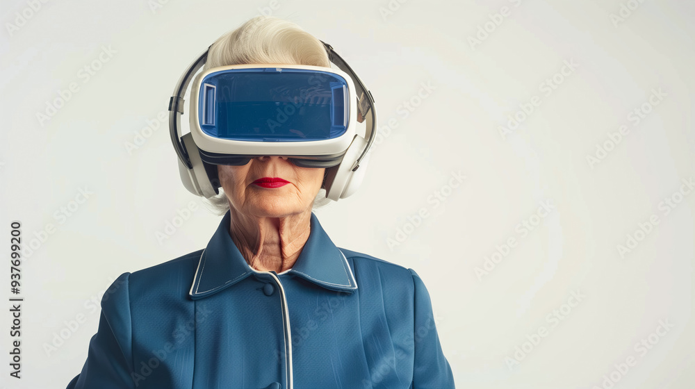 Portrait of senior retired woman wearing VR glasses and headset in blue office outfit and red painted lips with copy space. AI Portrait of senior retired woman wearing VR glasses and headset in blue office outfit and red painted lips with copy space. AI
