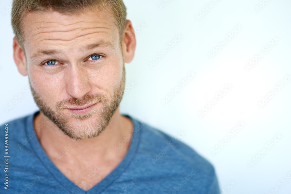 Obraz premium Confidence, portrait and man in studio with pride, casual fashion and creative career on mockup. Space, face and young professional with gen z style, relax and cool opportunity on white background