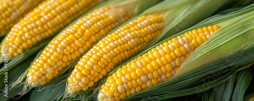 Freshly harvested sweetcorn on the cob with husks peeled back, Main keyword sweetcorn, Concept farmtotable freshness