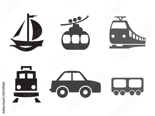 transportation icons  Silhouette Icon Set. Public Transport Station Glyph Symbol. Railway, Boat, Car and Bus free vector svg file 