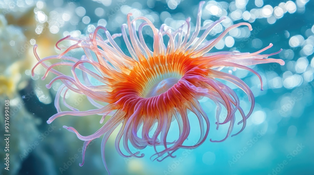 Vibrant sea anemone in clear sea water, colorful tentacles flowing gracefully against a light blue backdrop Vibrant sea anemone in clear sea water, colorful tentacles flowing gracefully against a light blue backdrop
