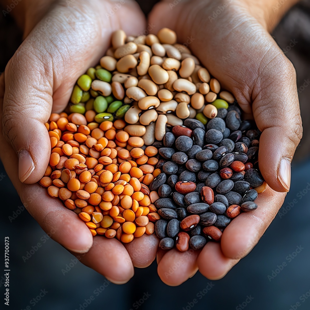 Hands holding a mix of legumes, showcasing different textures and colors, Main keyword legumes, Concept natures variety Hands holding a mix of legumes, showcasing different textures and colors, Main keyword legumes, Concept natures variety