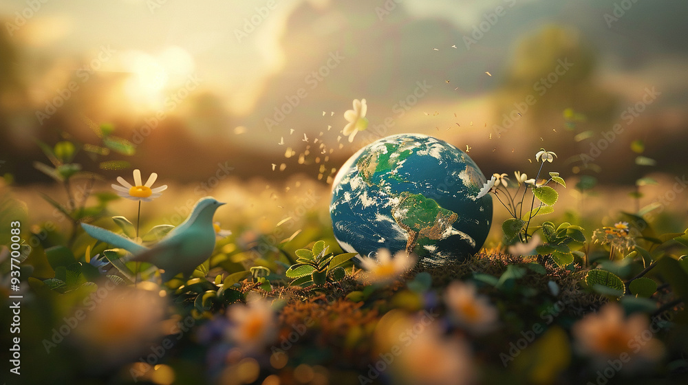 Day of Peace concept. Illustration of earth on green grass with doves. Day of Peace concept. Illustration of earth on green grass with doves.