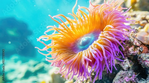 Vibrant sea anemone in clear sea water, colorful tentacles flowing gracefully against a light blue backdrop