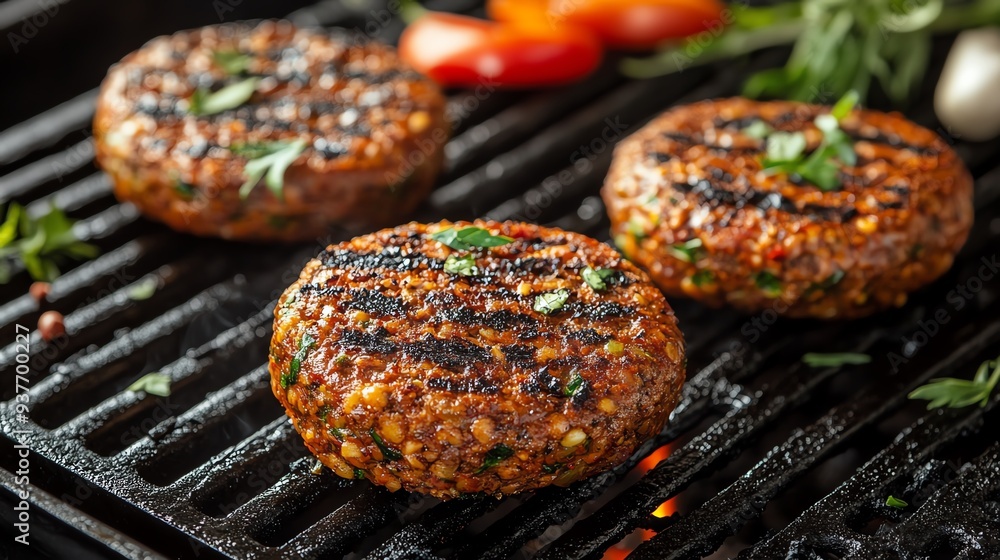 Legumebased veggie burgers sizzling on a grill, Main keyword legumes, Concept plantbased diet Legumebased veggie burgers sizzling on a grill, Main keyword legumes, Concept plantbased diet