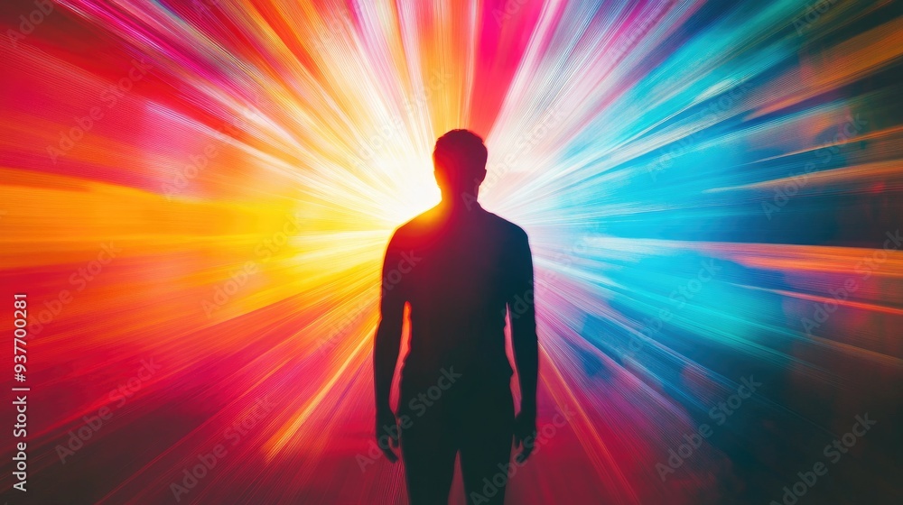 Vibrant silhouette of an individual, transparent and facing vivid streaks of light, symbolizing upward momentum from the horizon Vibrant silhouette of an individual, transparent and facing vivid streaks of light, symbolizing upward momentum from the horizon