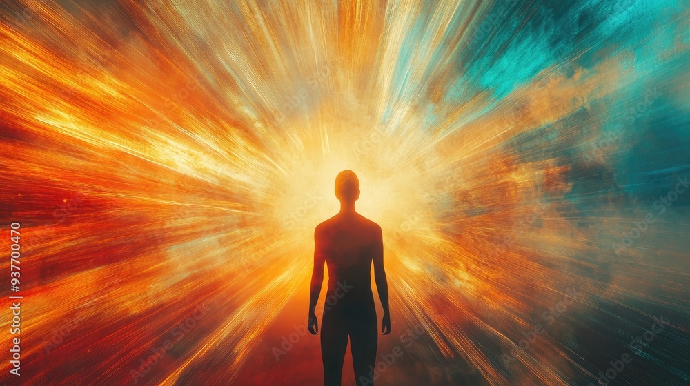 Vibrant transparent silhouette of an individual facing rising vivid streaks of light, radiating upward from the horizon, symbolizing momentum Vibrant transparent silhouette of an individual facing rising vivid streaks of light, radiating upward from the horizon, symbolizing momentum