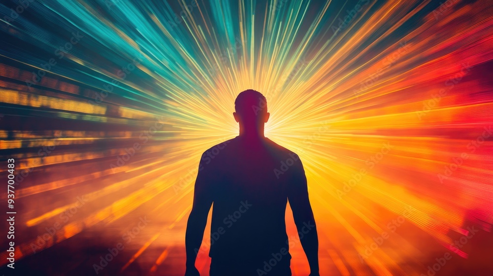 Vibrant transparent silhouette of an individual facing rising vivid streaks of light, radiating upward from the horizon, symbolizing momentum