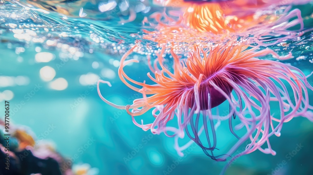 Vibrant sea anemone in clear sea water, colorful tentacles flowing gracefully against a light blue backdrop Vibrant sea anemone in clear sea water, colorful tentacles flowing gracefully against a light blue backdrop