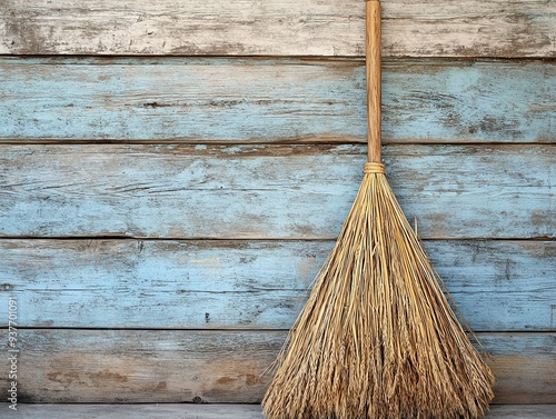 Wallpaper Mural Straw broom leaning against an old wooden wall, Main keyword straw, Concept rustic utility Torontodigital.ca