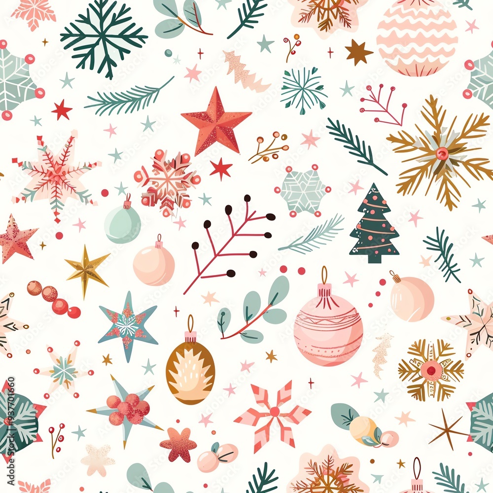 Dreamy Christmas pattern with pastel snowflakes and stars, seamless holiday paper design, whimsical festive wrap Dreamy Christmas pattern with pastel snowflakes and stars, seamless holiday paper design, whimsical festive wrap