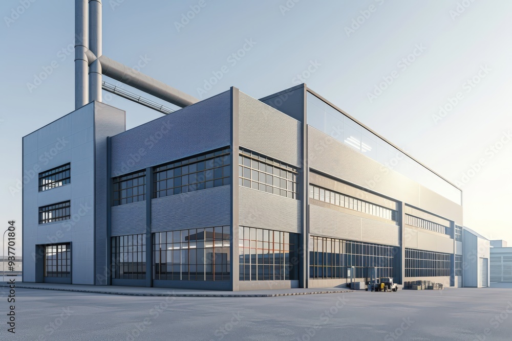 Factory's exterior, featuring clean lines, innovative architecture, and eco-friendly features. Beautiful simple AI generated image Factory's exterior, featuring clean lines, innovative architecture, and eco-friendly features. Beautiful simple AI generated image