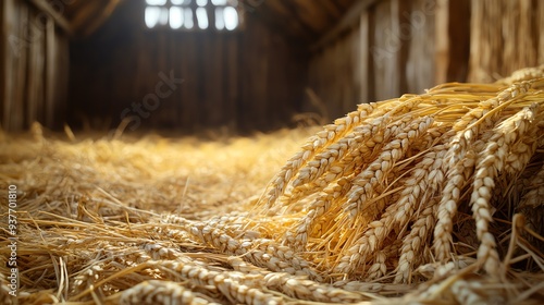 Wheat grains and straw in a rustic barn setting, Main keyword wheat, Concept farm life photo