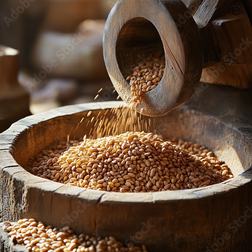 Wheat kernels being ground by an oldfashioned millstone, Main keyword wheat, Concept traditional processing