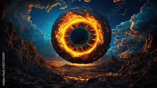 A mesmerizing surreal scene featuring a fiery eye-like orb in a dramatic landscape under a vibrant sky. photo