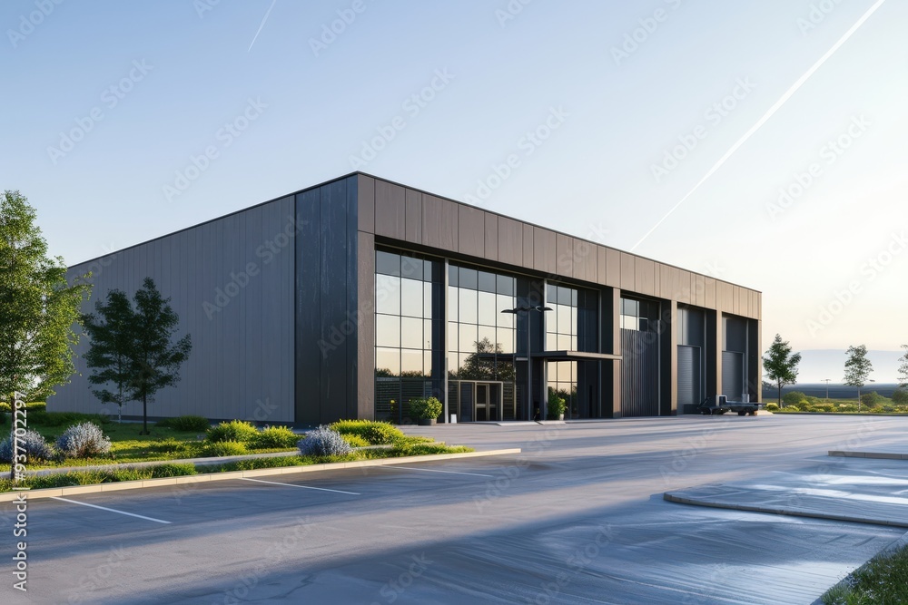 Factory's exterior, featuring clean lines, innovative architecture, and eco-friendly features. Beautiful simple AI generated image Factory's exterior, featuring clean lines, innovative architecture, and eco-friendly features. Beautiful simple AI generated image