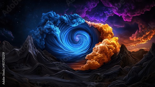 A surreal landscape featuring swirling clouds and vibrant colors, creating a dreamlike and otherworldly atmosphere. photo