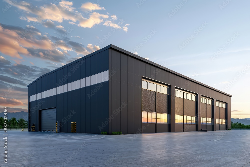 Factory's exterior, featuring clean lines, innovative architecture, and eco-friendly features. Beautiful simple AI generated image Factory's exterior, featuring clean lines, innovative architecture, and eco-friendly features. Beautiful simple AI generated image
