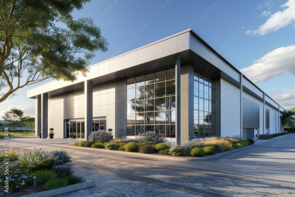 Factory's exterior, featuring clean lines, innovative architecture, and eco-friendly features. Beautiful simple AI generated image Factory's exterior, featuring clean lines, innovative architecture, and eco-friendly features. Beautiful simple AI generated image