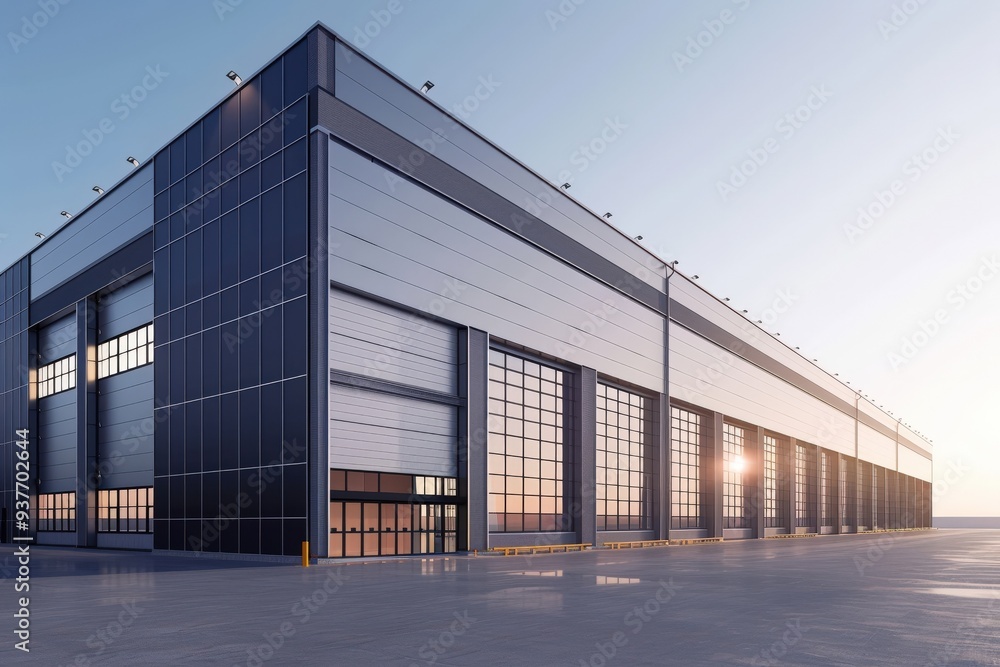 Factory's exterior, featuring clean lines, innovative architecture, and eco-friendly features. Beautiful simple AI generated image Factory's exterior, featuring clean lines, innovative architecture, and eco-friendly features. Beautiful simple AI generated image