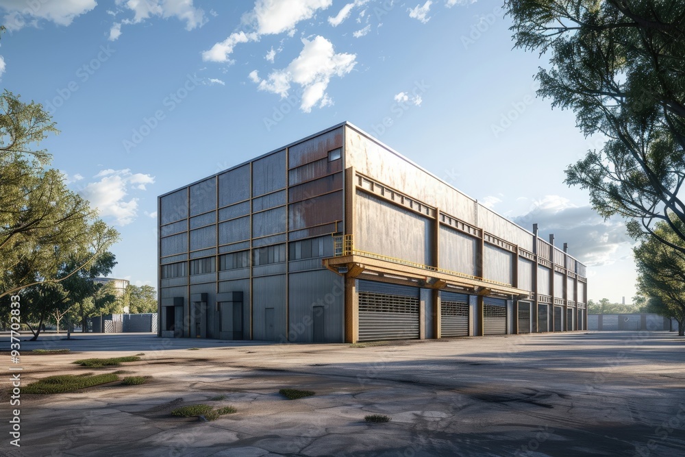 Obraz premium Factory's exterior, featuring clean lines, innovative architecture, and eco-friendly features. Beautiful simple AI generated image