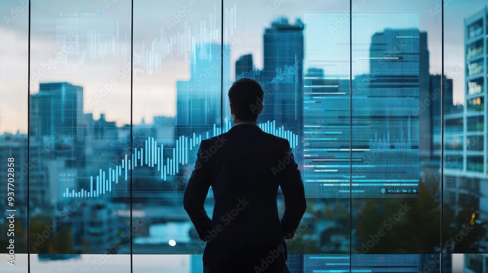 Silhouette of a Businessman Overlooking the Cityscape Silhouette of a Businessman Overlooking the Cityscape