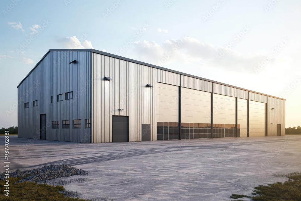 Factory's exterior, featuring clean lines, innovative architecture, and eco-friendly features. Beautiful simple AI generated image Factory's exterior, featuring clean lines, innovative architecture, and eco-friendly features. Beautiful simple AI generated image