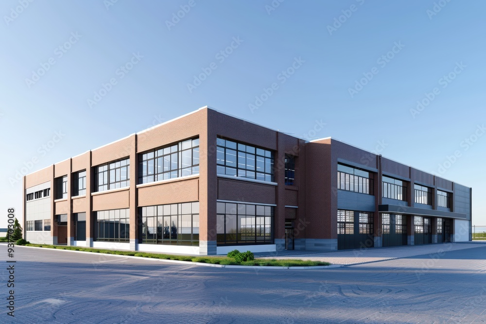 Factory's exterior, featuring clean lines, innovative architecture, and eco-friendly features. Beautiful simple AI generated image Factory's exterior, featuring clean lines, innovative architecture, and eco-friendly features. Beautiful simple AI generated image