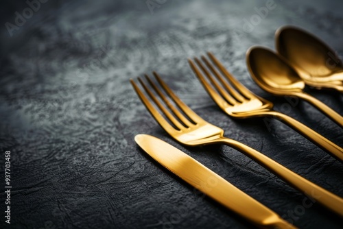 Elegant gold flatware set placed on a textured dark background, exuding luxury and sophistication. photo