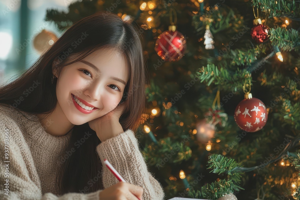 A young woman smiling near a decorated Christmas tree while writing, encapsulating the warmth of the holiday season. A young woman smiling near a decorated Christmas tree while writing, encapsulating the warmth of the holiday season.