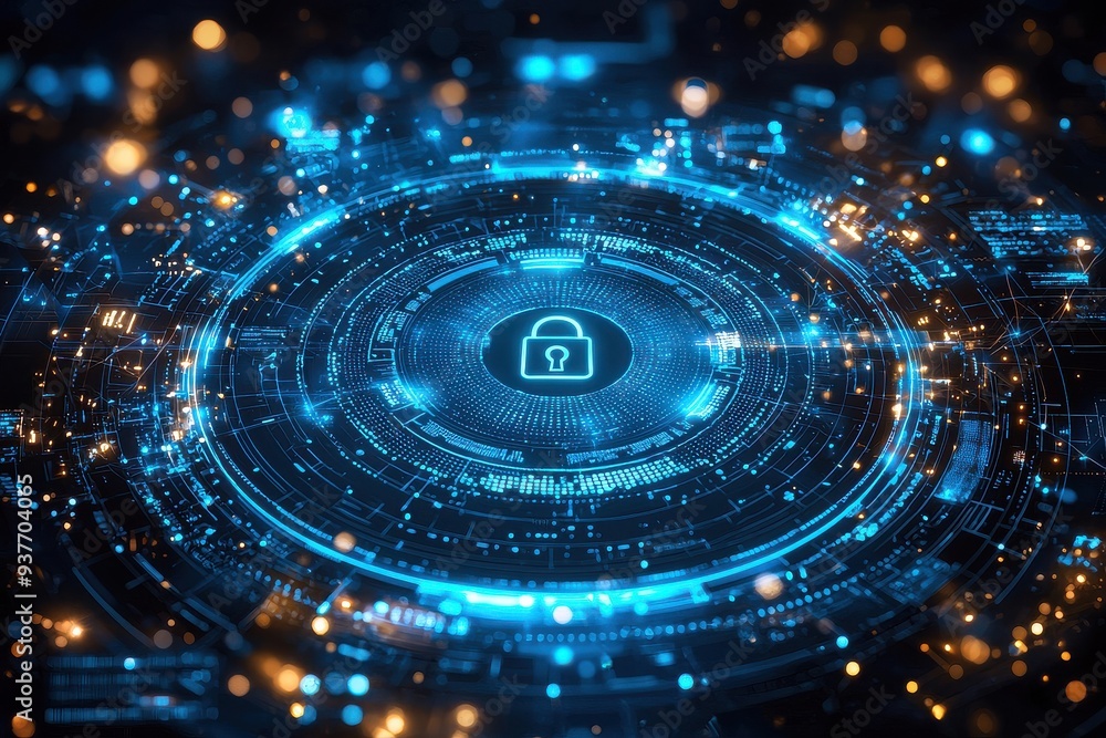 Digital Lock Icon in Futuristic Cyber Background Digital Lock Icon in Futuristic Cyber Background