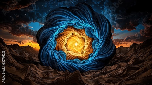 A stunning abstract artwork featuring a swirling blue and yellow core against a dramatic sky and rugged landscape. photo