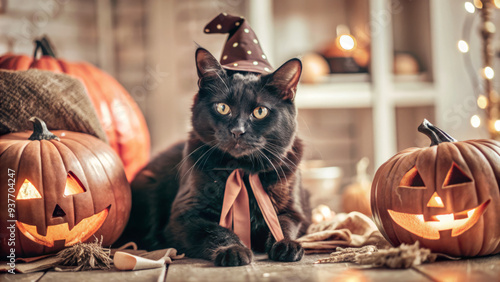 dorable Black Cat Sitting Beside a Festive Halloween Pumpkin with a Curious Expression for Halloween and Autumn-Themed Photography photo